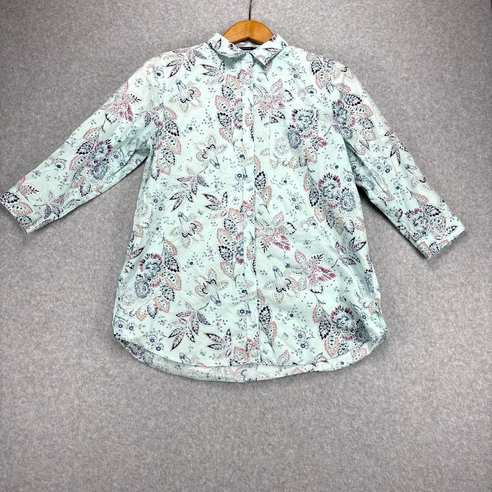 Lands' End Shirt Women 12 Blue Floral Supima Cotton No Iron 3/4 Sleeve Tunic Top